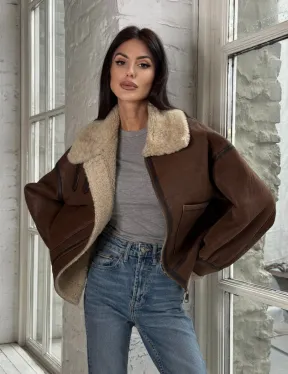 Женская короткая дубленка Brown vintage из натуральной овчины кёрли