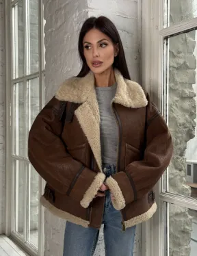 Женская короткая дубленка Brown vintage из натуральной овчины кёрли