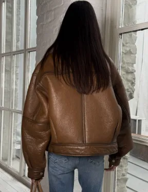 Дубленка женская «Oversize style» со спущенным плечом - цвет виски