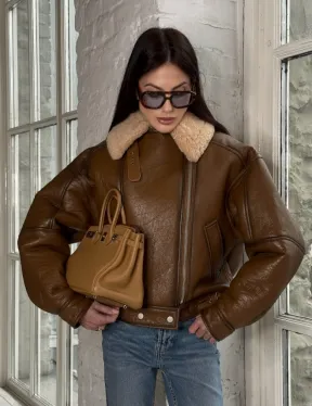 Дубленка женская «Oversize style» со спущенным плечом - цвет виски