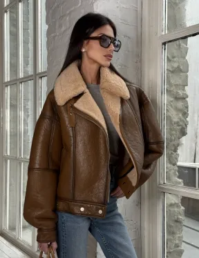 Дубленка женская «Oversize style» со спущенным плечом - цвет виски