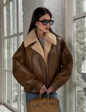 Дубленка женская «Oversize style» со спущенным плечом - цвет виски