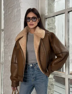 Дубленка женская «Oversize style» со спущенным плечом - цвет виски