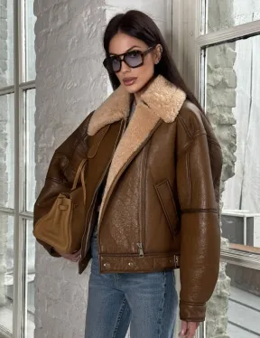 Дубленка женская «Oversize style» со спущенным плечом - цвет виски