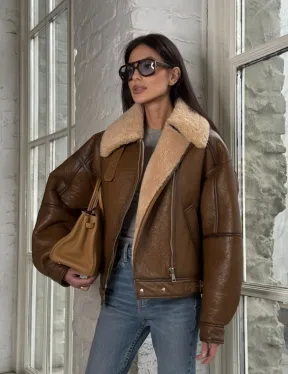 Дубленка женская «Oversize style» со спущенным плечом - цвет виски