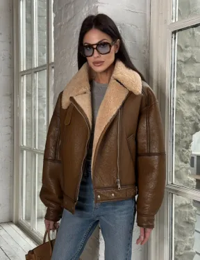 Дубленка женская «Oversize style» со спущенным плечом - цвет виски