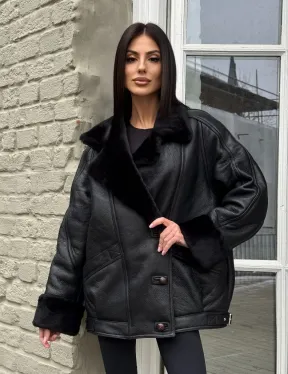 Винтажная куртка - дубленка «Total Black» с английским воротником на пуговицах