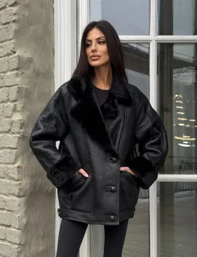 Винтажная куртка - дубленка «Total Black» с английским воротником на пуговицах