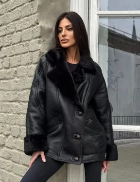 Винтажная куртка - дубленка «Total Black» с английским воротником на пуговицах