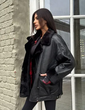 Винтажная куртка - дубленка «Total Black» с английским воротником на пуговицах