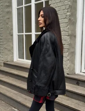 Винтажная куртка - дубленка «Total Black» с английским воротником на пуговицах