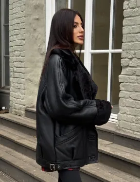 Винтажная куртка - дубленка «Total Black» с английским воротником на пуговицах