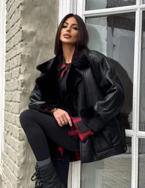 Винтажная куртка - дубленка «Total Black» с английским воротником на пуговицах