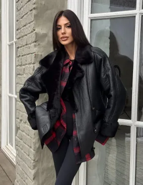 Винтажная куртка - дубленка «Total Black» с английским воротником на пуговицах