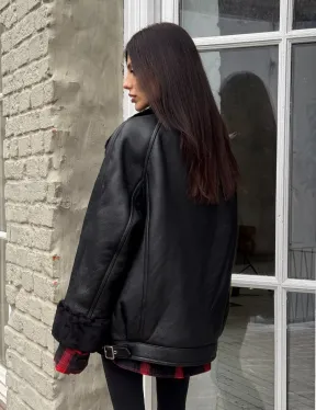 Винтажная куртка - дубленка «Total Black» с английским воротником на пуговицах