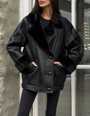 Винтажная куртка - дубленка «Total Black» с английским воротником на пуговицах