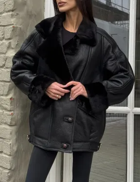 Винтажная куртка - дубленка «Total Black» с английским воротником на пуговицах