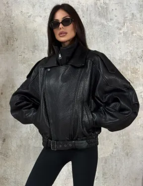 Черная бомбер-курточка «Оверсайз» из кожи Джумбо с двойным воротником и карманами