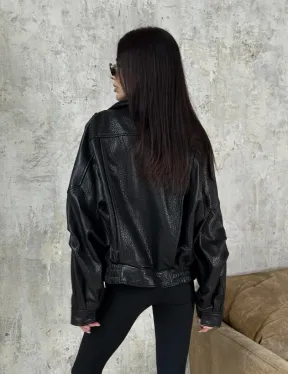 Черная бомбер-курточка «Оверсайз» из кожи Джумбо с двойным воротником и карманами