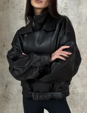 Черная бомбер-курточка «Оверсайз» из кожи Джумбо с двойным воротником и карманами