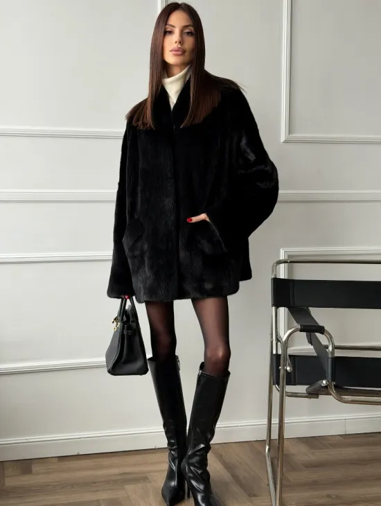 Жакет - шуба из норки BLACKGLAMA с V-образным воротником, косыми карманами