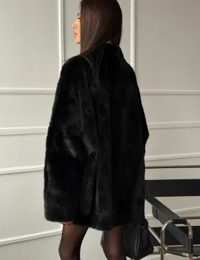 Жакет - шуба из норки BLACKGLAMA с V-образным воротником, косыми карманами