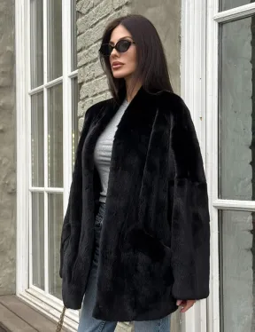 Жакет - шуба из норки BLACKGLAMA с V-образным воротником, косыми карманами