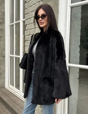 Жакет - шуба из норки BLACKGLAMA с V-образным воротником, косыми карманами