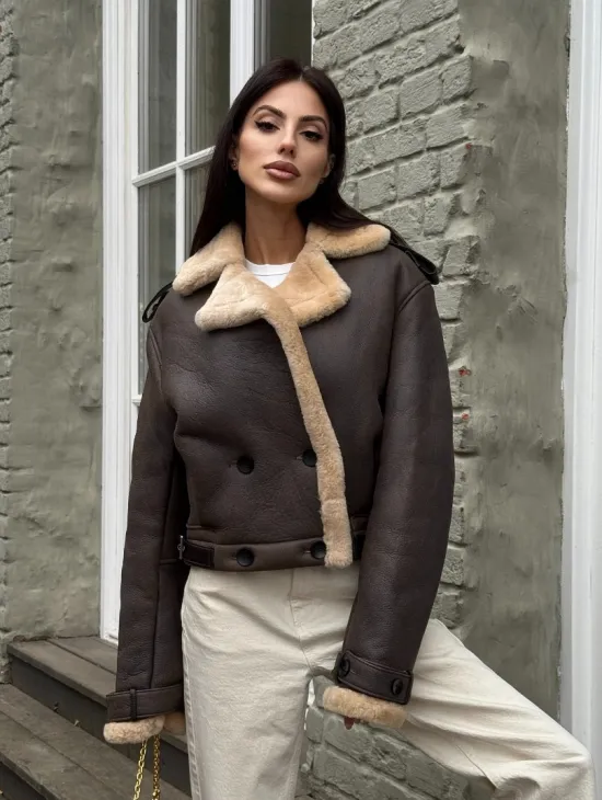 Кроп - дубленка двубортная Dark brown на пуговицах