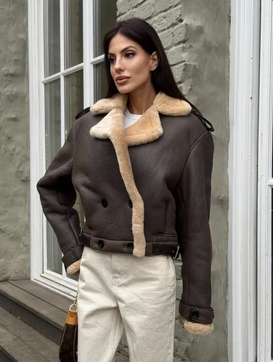 Кроп - дубленка двубортная Dark brown на пуговицах