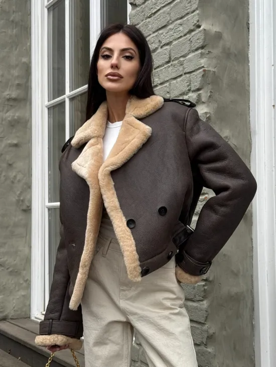 Кроп - дубленка двубортная Dark brown на пуговицах