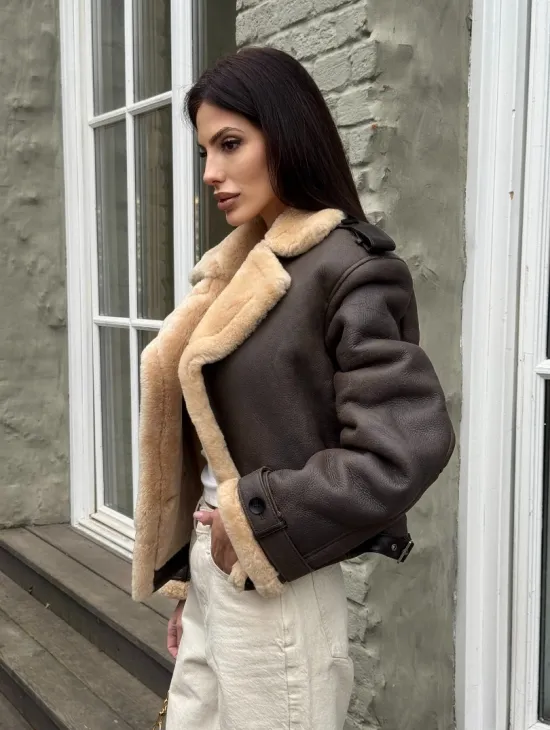 Кроп - дубленка двубортная Dark brown на пуговицах