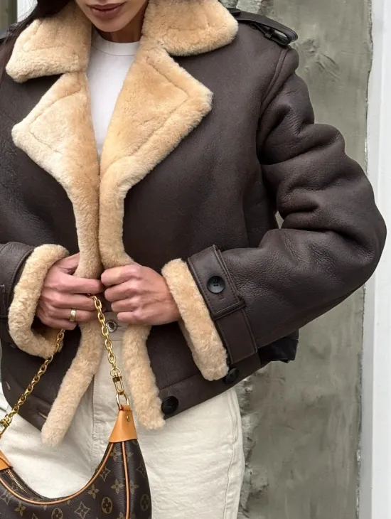 Кроп - дубленка двубортная Dark brown на пуговицах