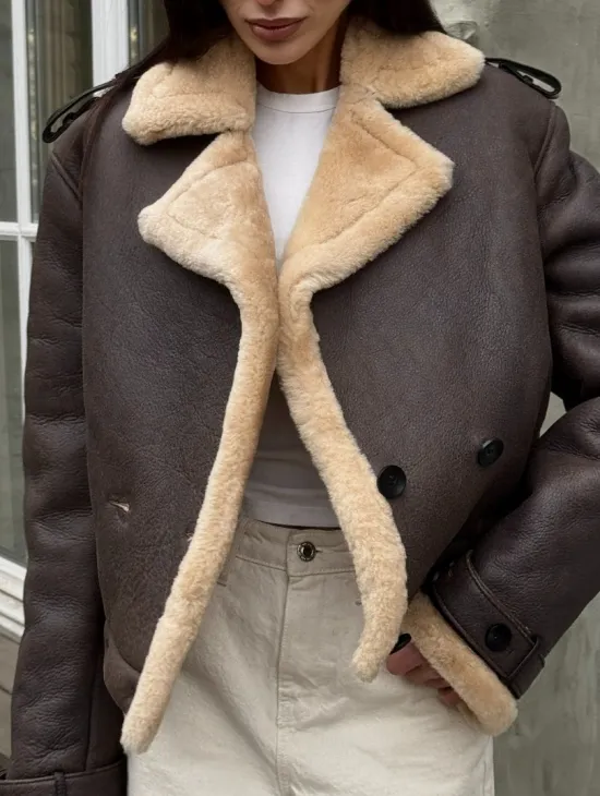 Кроп - дубленка двубортная Dark brown на пуговицах