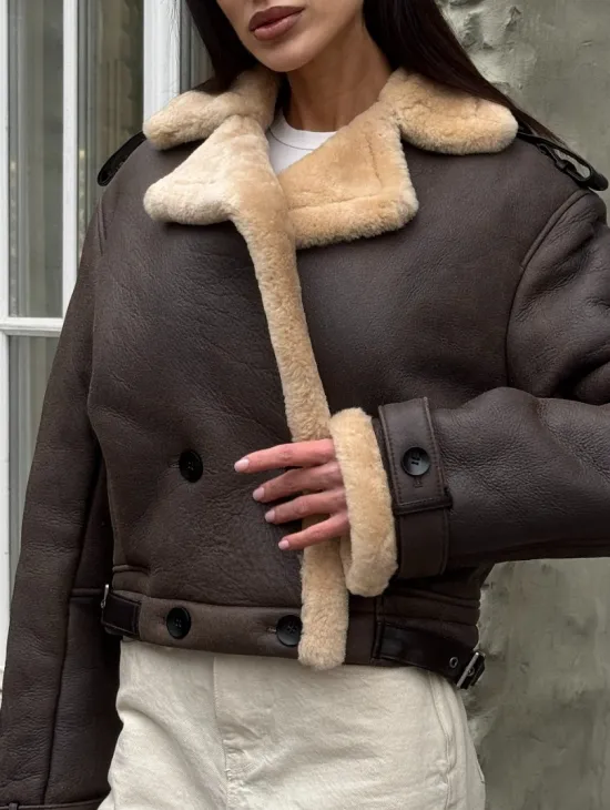 Кроп - дубленка двубортная Dark brown на пуговицах