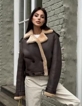 Кроп - дубленка двубортная Dark brown на пуговицах