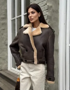 Кроп - дубленка двубортная Dark brown на пуговицах