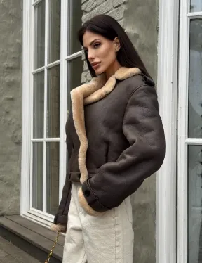 Кроп - дубленка двубортная Dark brown на пуговицах