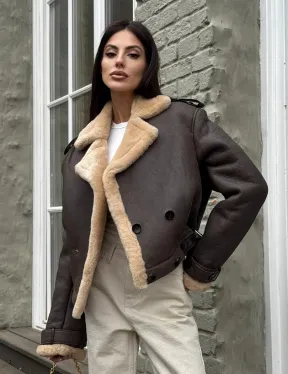 Кроп - дубленка двубортная Dark brown на пуговицах