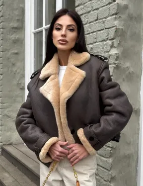 Кроп - дубленка двубортная Dark brown на пуговицах