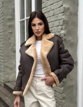 Кроп - дубленка двубортная Dark brown на пуговицах