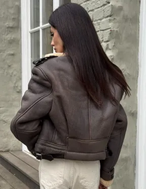 Кроп - дубленка двубортная Dark brown на пуговицах