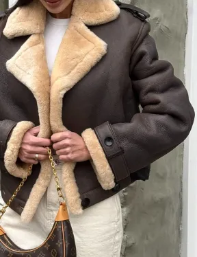 Кроп - дубленка двубортная Dark brown на пуговицах