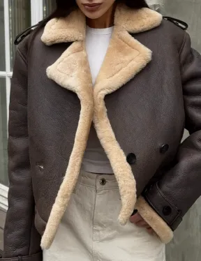 Кроп - дубленка двубортная Dark brown на пуговицах