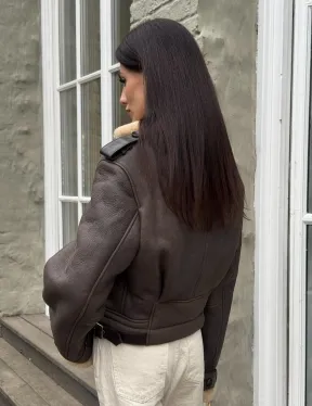 Кроп - дубленка двубортная Dark brown на пуговицах