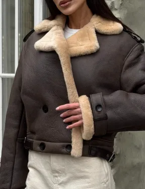 Кроп - дубленка двубортная Dark brown на пуговицах