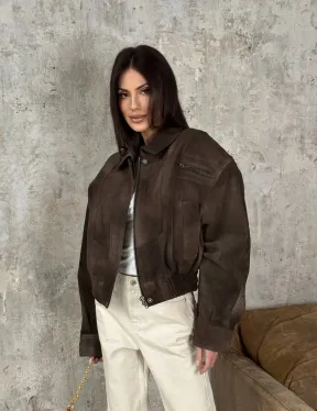 Современный кроп - бомбер из натуральной замши
