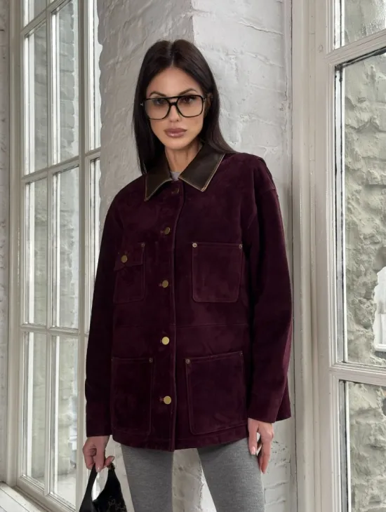 Куртка в «рабочем стиле» из замши Burgundy с отложным воротником, весна-лето 2025