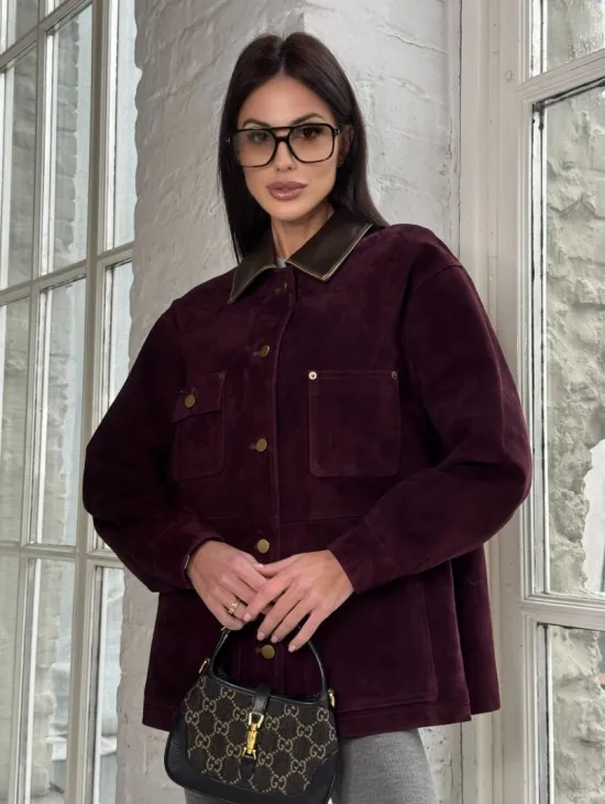 Куртка в «рабочем стиле» из замши Burgundy с отложным воротником, весна-лето 2025