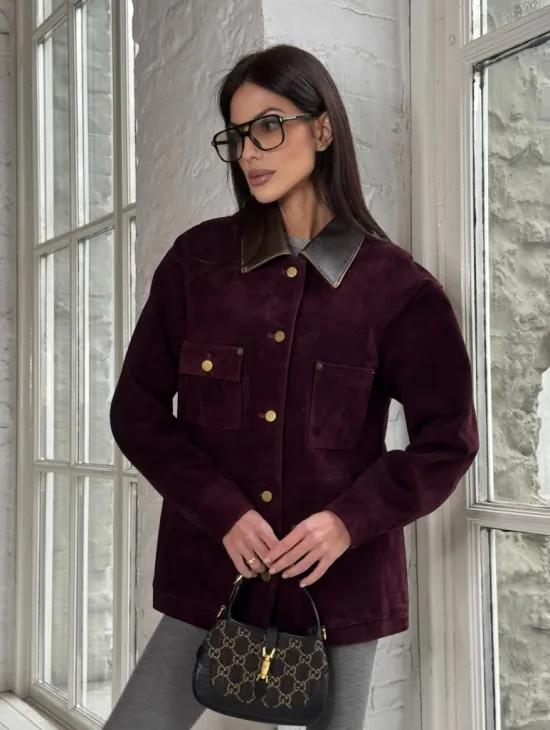 Куртка в «рабочем стиле» из замши Burgundy с отложным воротником, весна-лето 2025